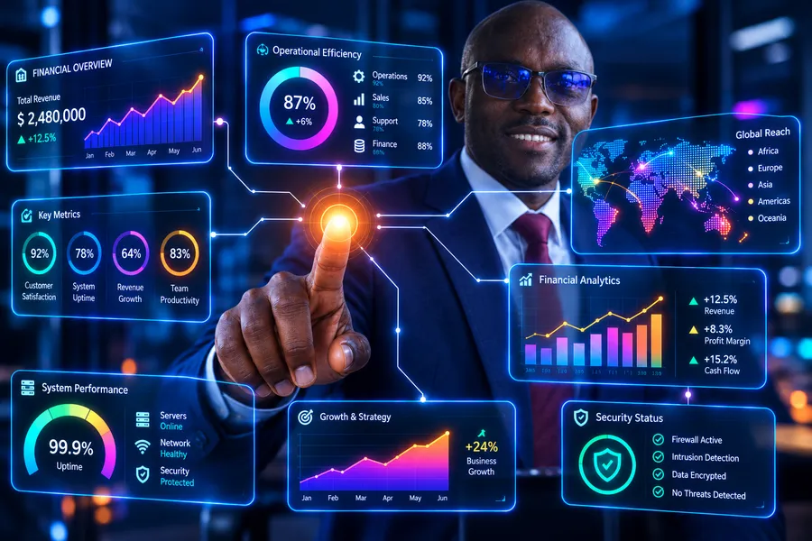 Business dashboards showing revenue, operations, security and growth metrics tracked through EkoNet's technology