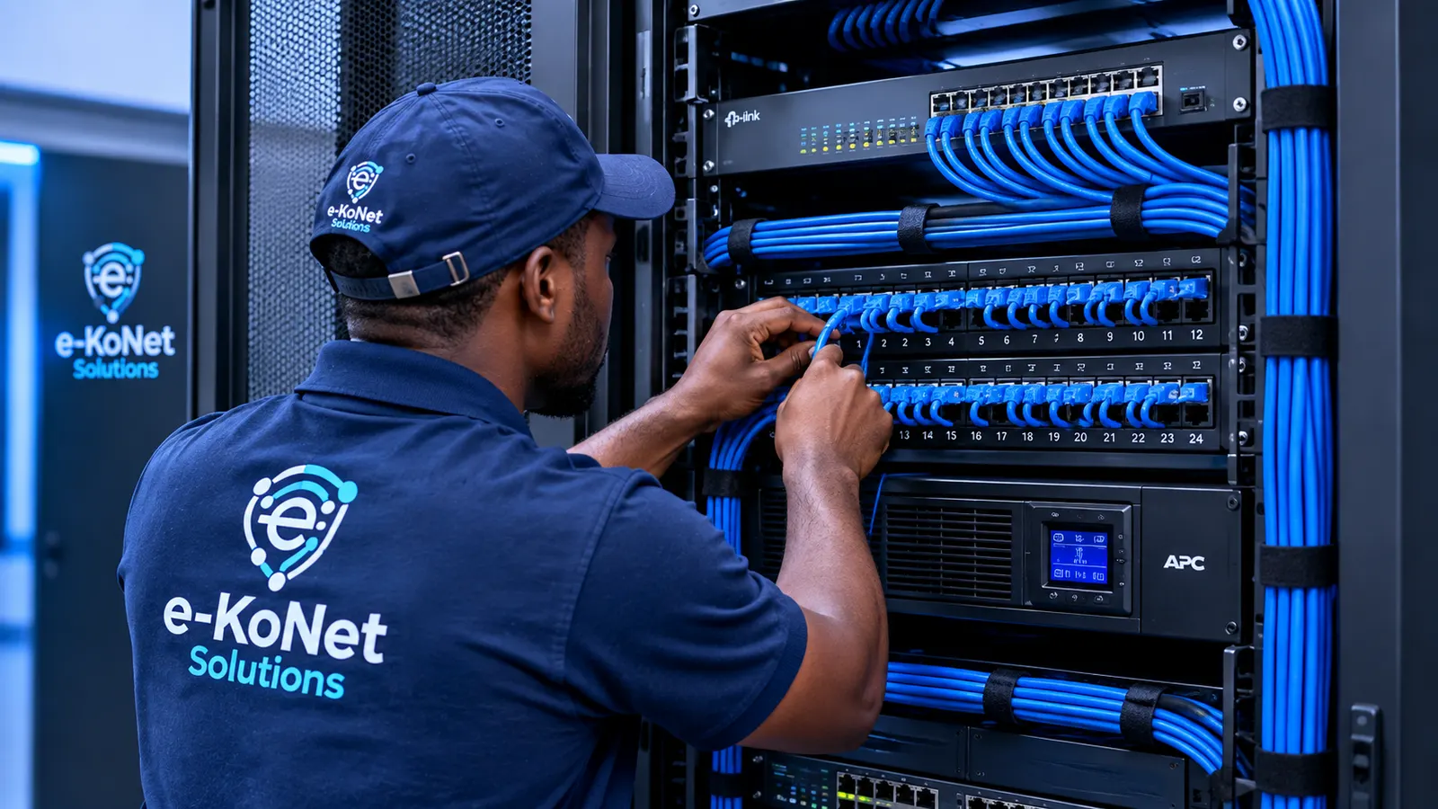 EkoNet technician organising structured cabling and network switches in a server rack