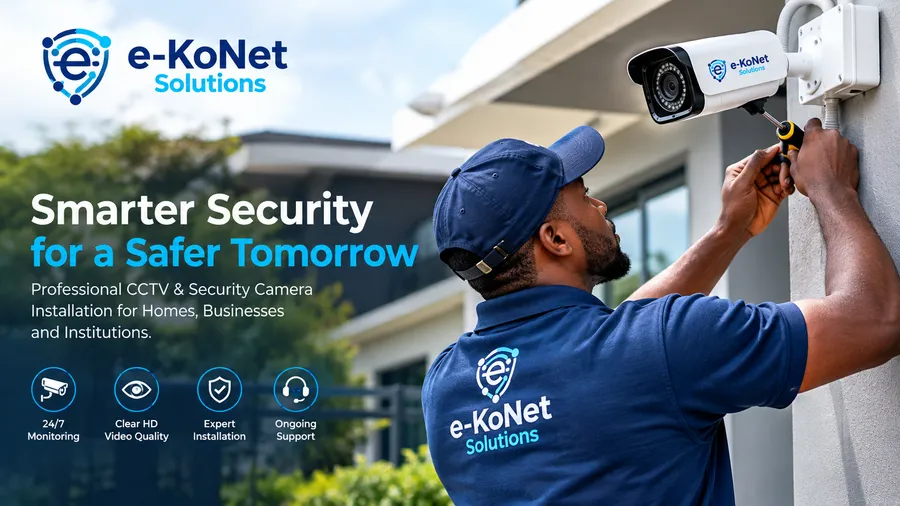 EkoNet technician installing a CCTV security camera on the exterior wall of a home
