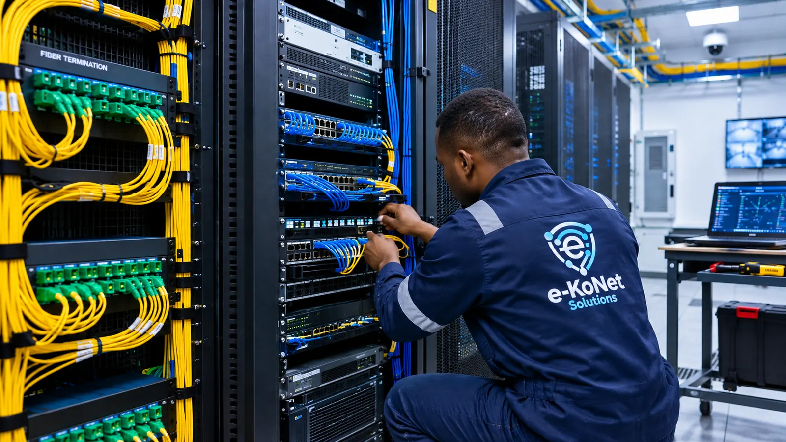 EkoNet Solutions engineer terminating fibre and configuring network switches in a server rack