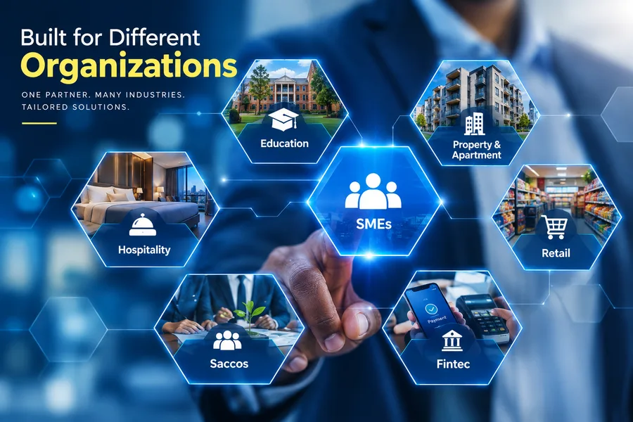 EkoNet's industries — education, property, hospitality, SACCOs, SMEs, retail and fintech — built for different organisations