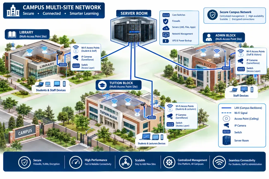 Diagram of a secure multi-site campus network linking a server room, library, admin block and tuition block