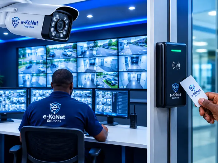 CCTV monitoring wall and access control card reader installed by EkoNet