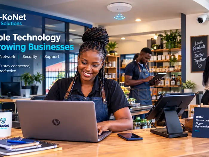 Retail shop staff working on laptops and a POS system over EkoNet Wi-Fi