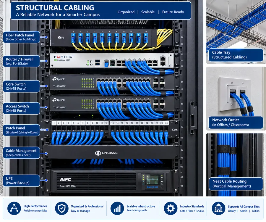Rack diagram showing fibre patch panel, router/firewall, switches, patch panel and UPS, with cable tray and outlet detail
